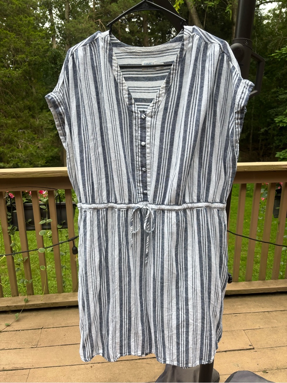 Time and Tru Blue & White Striped Tie-Waist Midi Dress